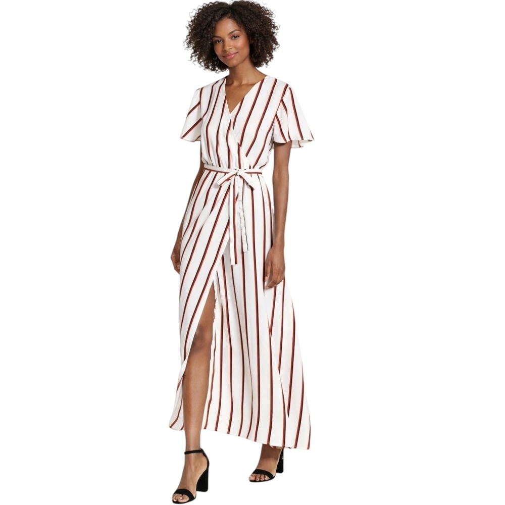 Stone Row Striped Faux Wrap Maxi Dress Tie Waist NWT Size M